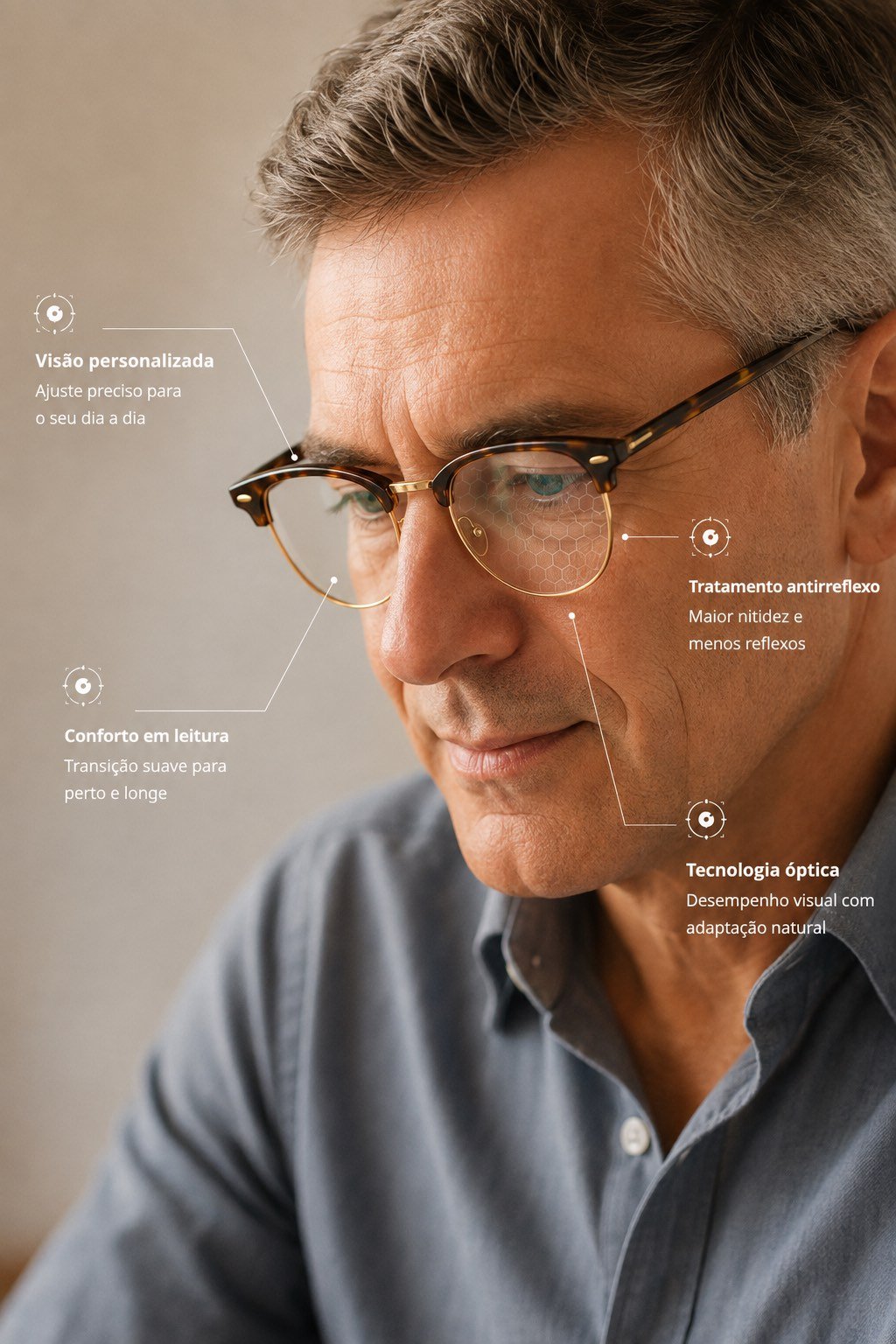 Homem de cabelo grisalho usando armação browline com lentes progressivas