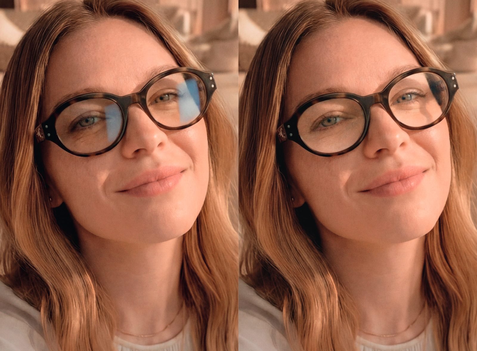 A mesma pessoa de óculos em duas fotos lado a lado: à esquerda a lente reflete a janela e esconde os olhos, à direita os olhos aparecem nítidos