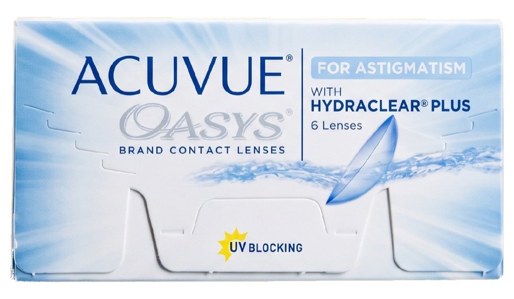 Caixa de lentes de contato Acuvue Oasys em destaque sobre fundo laranja